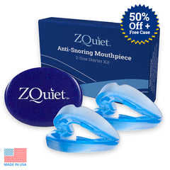 Image of ZQuiet's Anti-Snoring Mouthpiece Starter Pack with discount and free storage case call out.